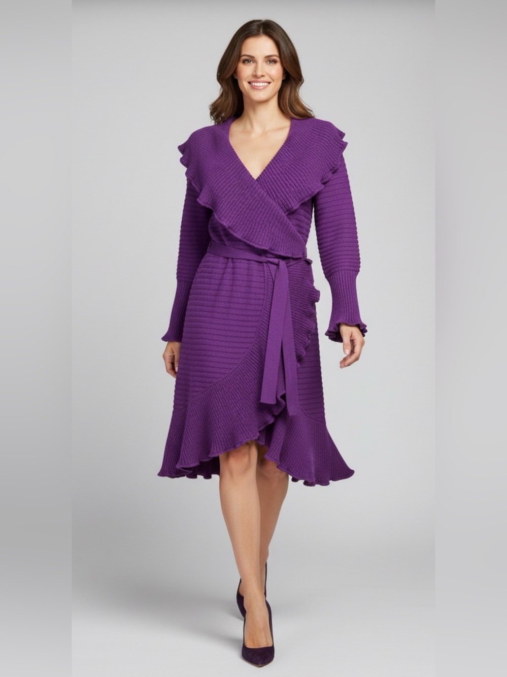 St. John Wool Blend  Santana Knit Ruffle Wrap Belted Dress/ Long Jacket Size P